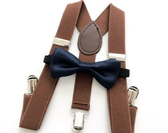 Suspender and bow tie, navy bow tie, brown suspenders, navy blue brown, brown and navy blue, navy blue, brown straps,  infants and toddlers