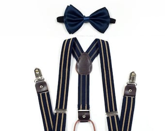 NAVY suspenders, STRIPE suspenders, Navy Bowtie, Navy Blue bowtie, navy, navy gold, bow tie, navy suspender, men's suspenders, men's bowtie