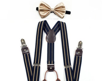 NAVY suspenders, STRIPE suspenders, Gold Bowtie, Soft Gold bowtie, shiny light gold bowtie, navy suspender, men's suspenders, men's bowtie