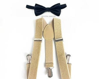 Kid's gold glitter suspenders, black bow tie, gold glitter suspenders, black bowtie, holiday outfit, gold bow tie, toddler's bow tie, boys