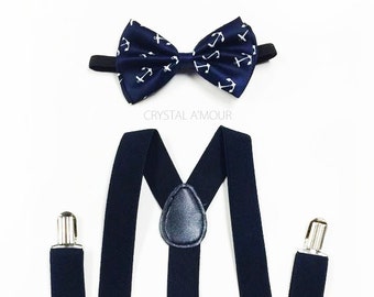 Anchor bowtie, NAVY blue bow tie, anchor bow, NAVY blue suspenders and bowtie set, anchor bow tie, suspenders, suspenders and bow tie