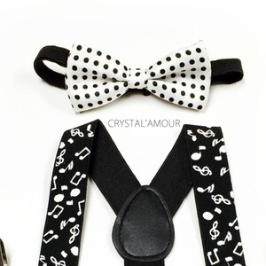 baby boy clothes, white bowtie, black suspenders, black toddler bow tie and suspenders set, music note suspenders, polka dot bowtie