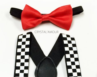 Baby Boy Checkered Suspenders with Red Bowtie Set