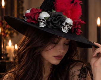 Black Red Velvet Witch Hat, Halloween Costume Witch Hat Headpiece Headdress, Large bow and veil decor