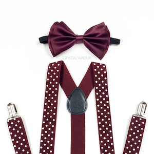 Burgundy suspenders, burgundy bowtie, suspenders and bowtie, bowtie and suspenders, maroon suspenders, polka dot suspenders for men