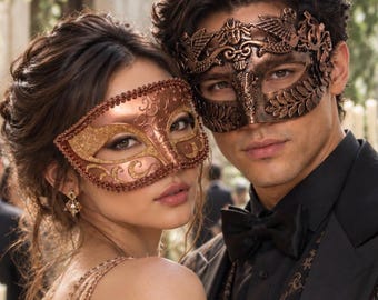 Couple's Masquerade Masks - Rose Gold Copper Mardi Gras Masquerade Mask