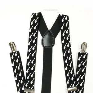 Men&#39;s suspenders, black suspenders, guitar print suspenders, suspenders, black and white suspenders, guitar suspenders, guitarist present