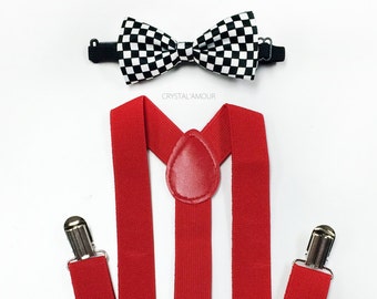 Toddler Red Suspenders with Black Checker Bowtie Set