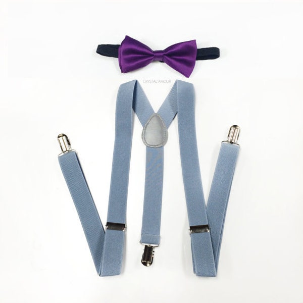 toddler's purple bowtie, bow tie and suspenders, LIGHT gray suspenders, royal purple toddler bowtie and suspenders set, ring bearers
