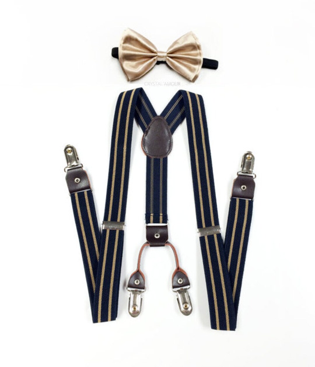 NAVY Suspenders, STRIPE Suspenders, Gold Bowtie, Soft Gold Bowtie, Shiny Light Gold Bowtie, Navy