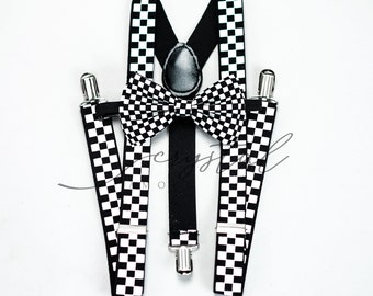 checker suspenders for men teens and kids, checker bow tie, checkered bow tie, baby bow tie, toddler's bow tie, black and white checkers