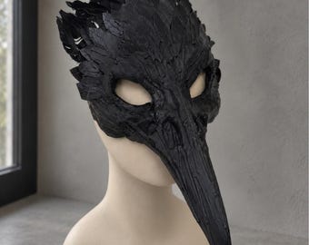 Black Raven Plague Doctor Mask, Crow Bird Long Beak Mask, Skull Feather Masquerade Mask, Gothic Halloween Costume