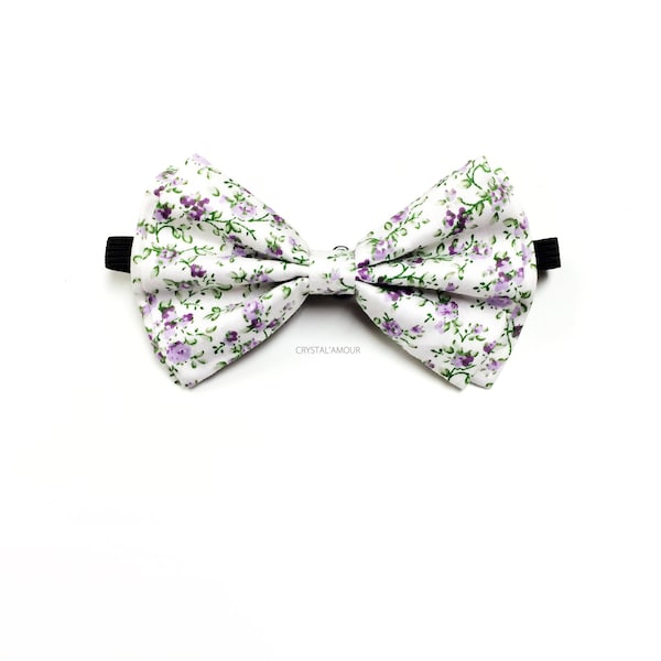 men's floral bow tie, white bowtie with purple floral print, men's bow tie, unisex bow, wisteria floral print, wisteria bowtie, white bowtie