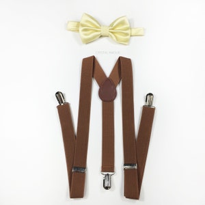Herren Fliege und Hosenträgern, gelben Fliege, Pastell gelb Fliege, gelben Fliege, Braune Hosenträger, Herren Fliege, Barnyard Hochzeit