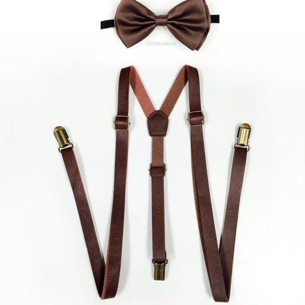 Set bruine leren bretels en strik: bruidsjonkersoutfit