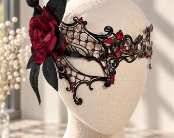 Black Red Rose Phantom Masquerade Mask with Red Gems Dark Romance Halloween Party Mask