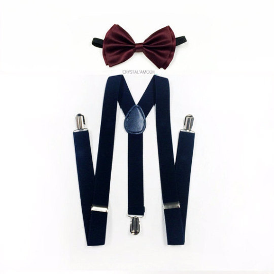 Men's Suspenders, NAVY Suspenders, Burgundy Bow Tie, Navy Suspenders
