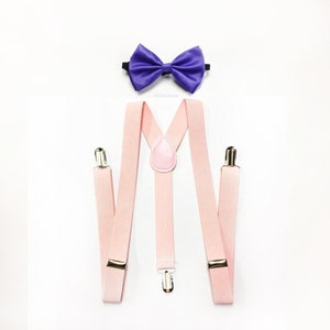 blush suspenders, dark purple bowtie, purple bowtie set, groomsmen gift, mens suspenders, boys suspenders, fully adjustable straps