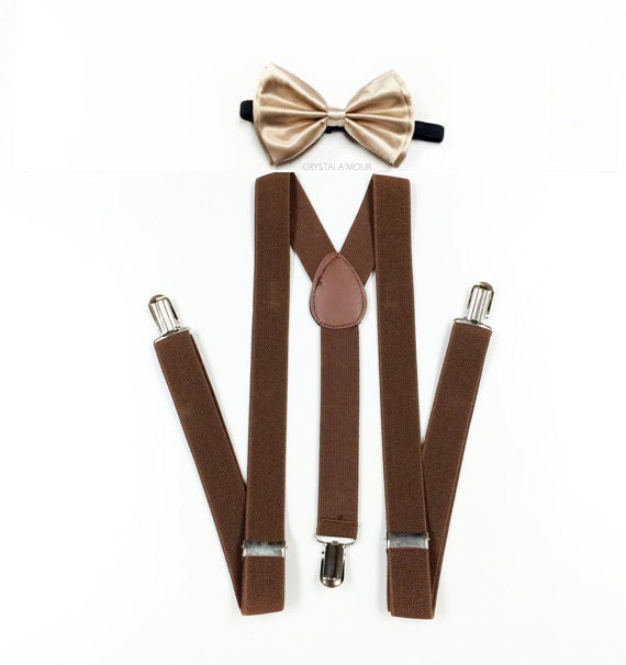 champagne colored bow tie and suspenders