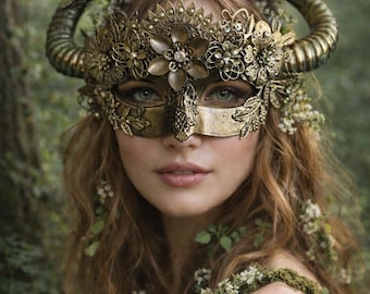Woodland Ram Masquerade Mask | Ethereal Lotus Goddess Mask