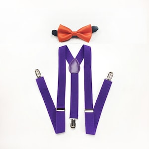 bowtie and suspenders - royal orange bowtie and purple suspenders set - purple wedding, purple dress bow tie, mens suspenders, bowtie set
