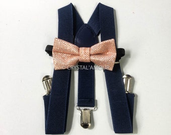 Rose Gold Bow tie and Navy Suspenders, Rose Gold Bowtie, Navy Blue Suspenders