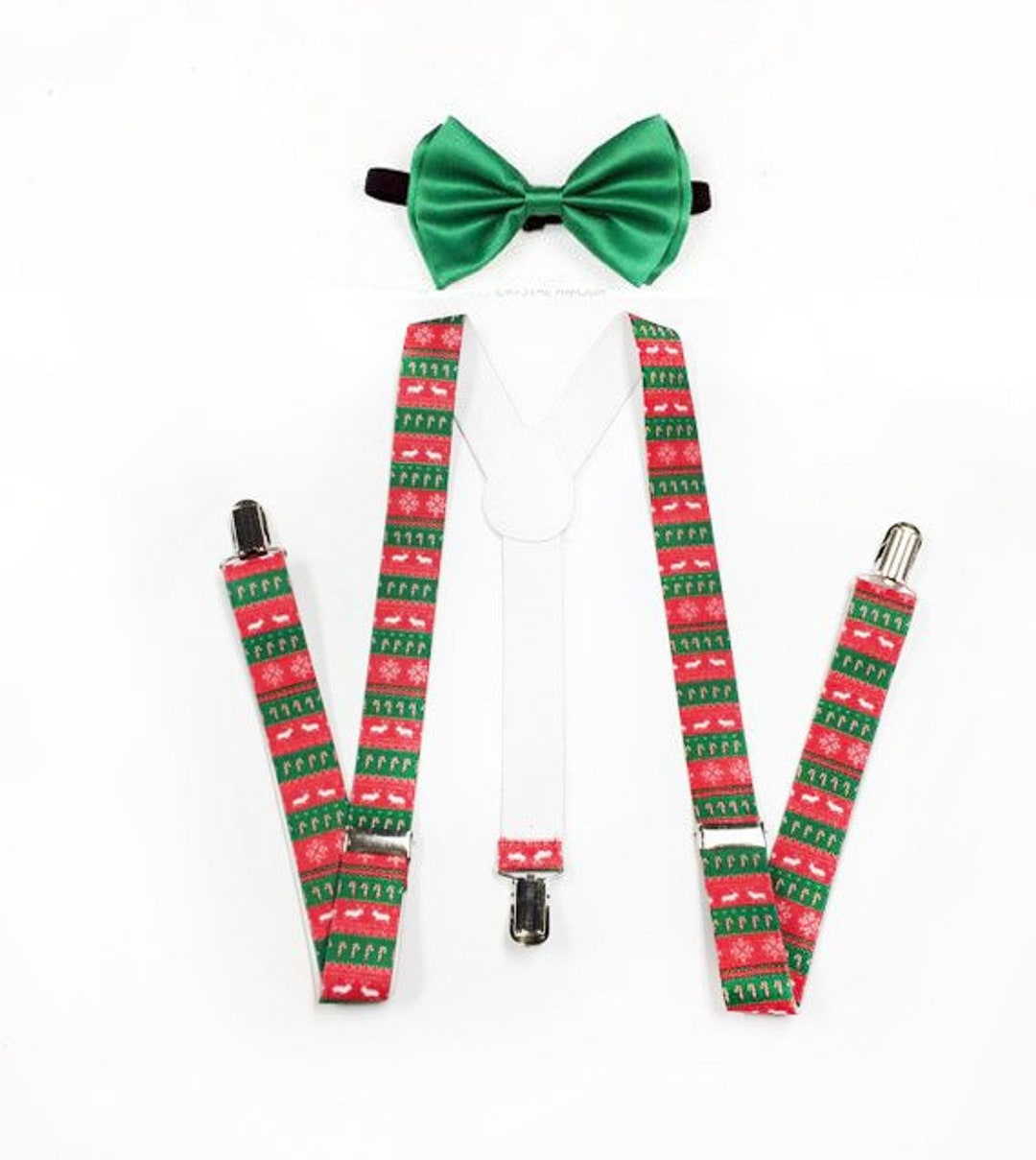 Men's Suspenders, Green Bowtie, Reindeer Suspenders, Red Suspenders