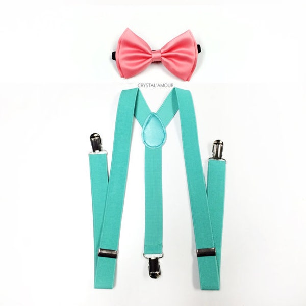 suspenders and bowtie, coral pink bowtie, MINT suspenders, bow tie and suspenders, set for groomsmen, children, teens and adults