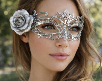 Silver Lotus Masquerade Mask, Floral Filigree Mask
