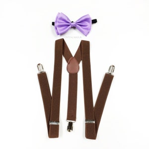 Suspenders and bowtie, wisteria bowtie, dark brown suspenders, brown suspenders, men&#39;s suspenders, men&#39;s bowtie, men suspenders, wisteria