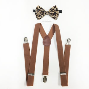leopard print suspenders and bowtie - [tan/brown] suspenders set - for children 6+, teens, men and adults. suspenders and bowtie set