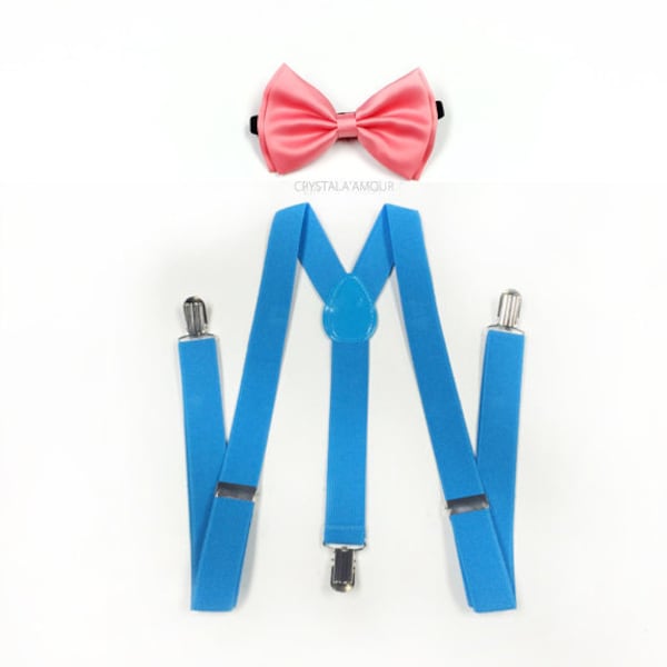 suspenders and bowtie, coral pink bowtie, AQUA Blue suspenders, bow tie and suspenders, set for groomsmen, children, teens and adults