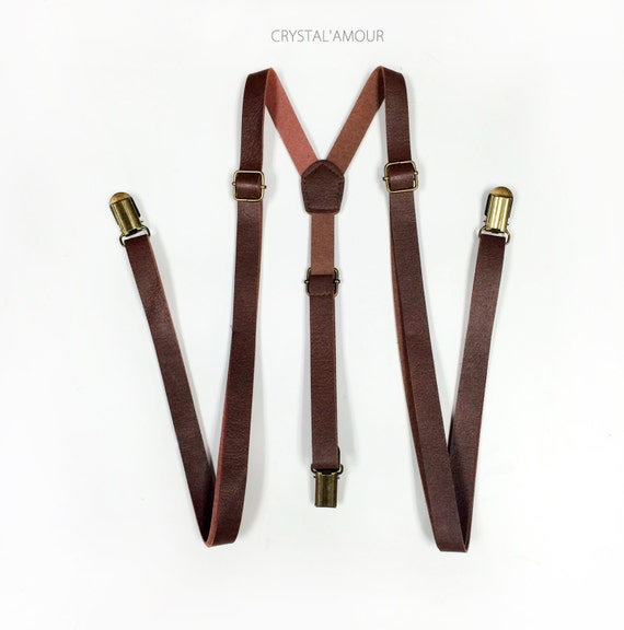 Men's Dark Brown Leather Work Suspenders / Wedding Suspenders
