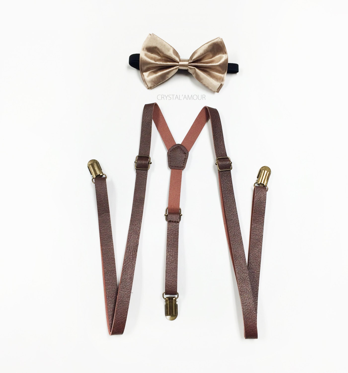 Brown Suspenders Champagne Bowtie Brown Leather Suspenders Etsy