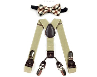 baby boy clothes, vintage bowtie, beige suspender, double clip suspenders, boys suspenders, plaid bowtie, beige suspenders, suspenders, kids