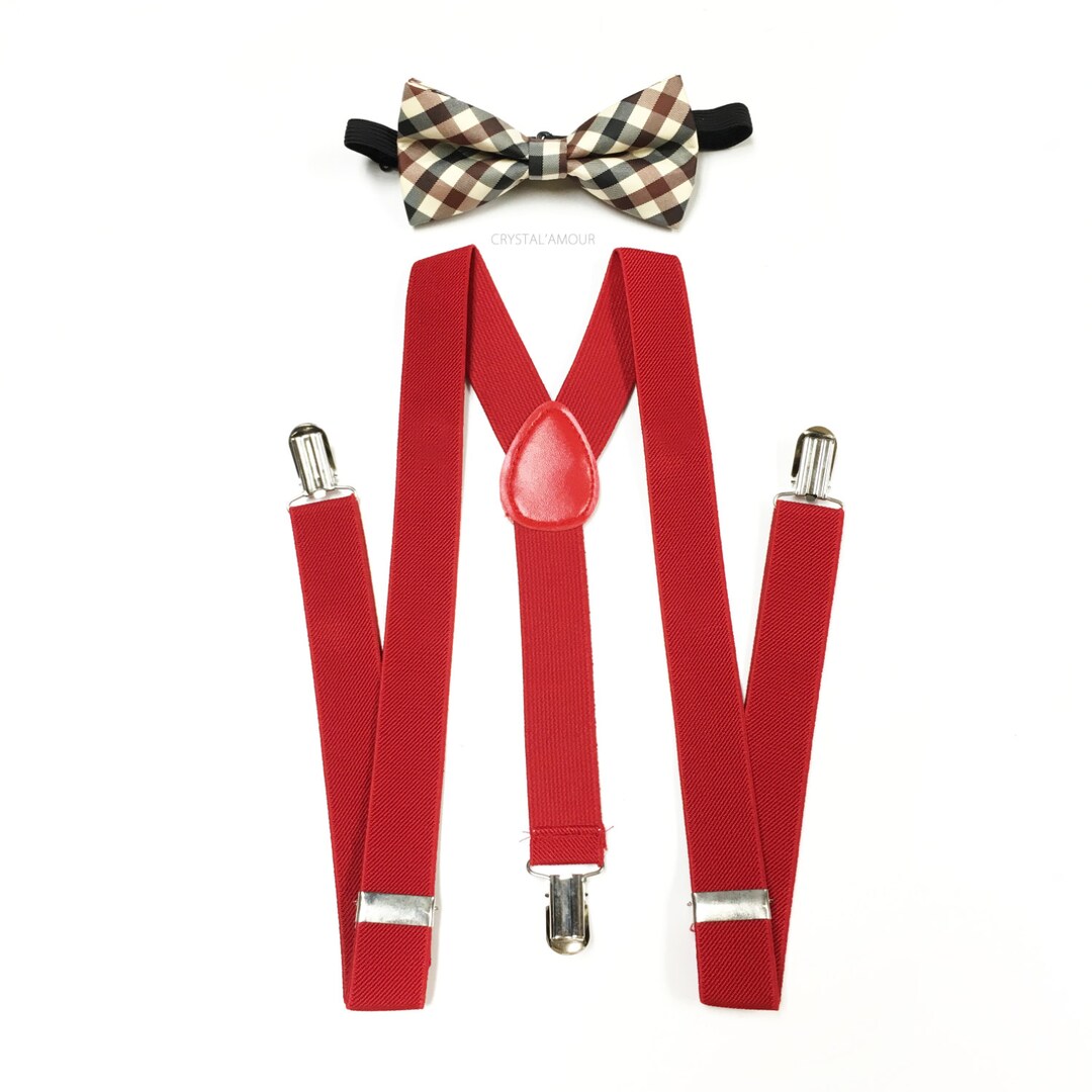 Men's Suspenders, Red Suspenders, Plaid Bowtie, Vintage Bowtie, Beige