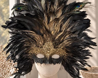 Black Gold Feather Masquerade Mask, Venetian Carnival Mask, Halloween Costume Mask, Gothic Feather Headdress, Mardi Gras Masquerade Mask