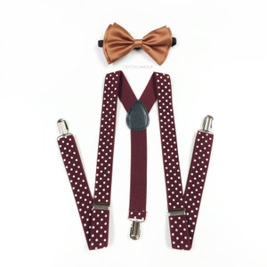 Burgundy suspenders, tan bowtie, suspenders and bowtie, bowtie and suspenders, suspenders, polka dot suspenders for men and children 5+