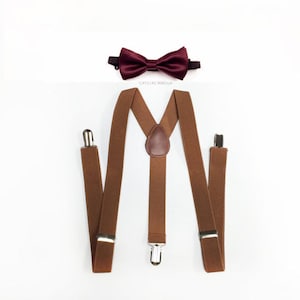 Kids light brown suspenders, kids burgundy bowtie, brown suspenders, Bowtie Suspenders, Bowtie, Burgundy suspenders, Infants and Toddlers