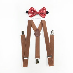 Mens bowtie and suspenders, Polka Dot Bowtie, Red Bow Tie, brown suspenders, mens bowtie, barnyard wedding, groomsmen gift