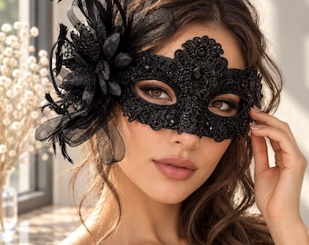 Black Lace Masquerade Mask with Black Gems and Floral Feather Headpiece