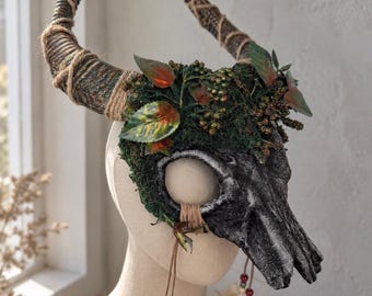 Horned Skull Headdress, Woodland Forest Mask, Pagan Deer Skull Headpiece, Dark Fairy Costume, Fantasy Masquerade Mask, Halloween Costume
