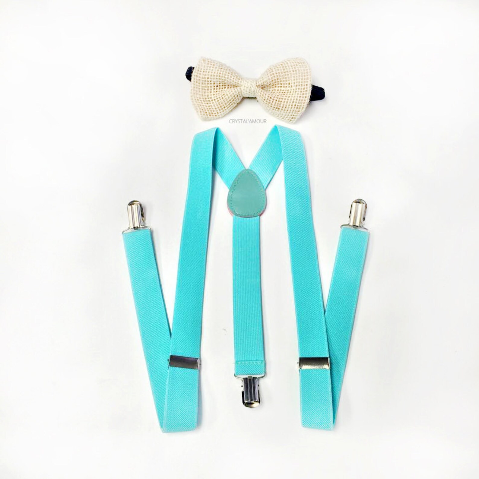 Mint Suspenders, Mint Blue Suspenders, Burlap Bowtie, Nude Bow Tie