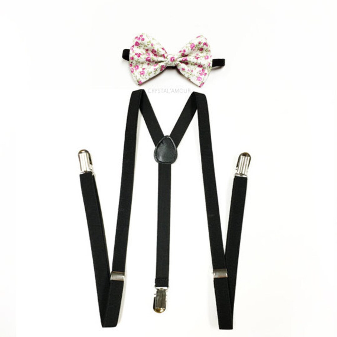 Men's Suspenders, Skinny Suspenders, Black Suspenders, Floral Bow Tie
