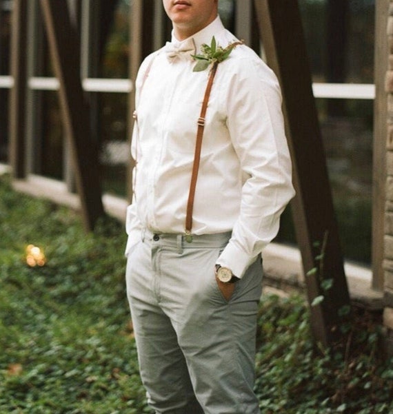 Cognac Leather Suspenders. Groom and Groomsmen Leather Bracers