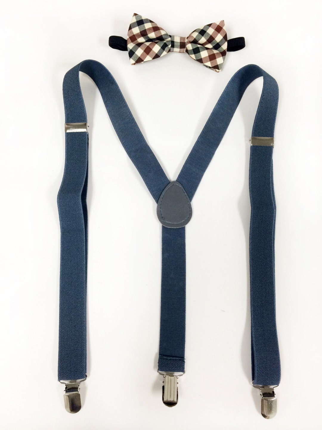 Mens Suspenders, Gray Suspenders and Plaid/ivory Vintage Bowtie Set, Mens Gray Suspenders, Ivory