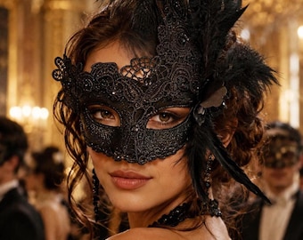 May include: A black lace masquerade mask with feather accents. The mask covers the eyes and features intricate floral patterns and sparkling embellishments. A large plume of black feathers is attached to the side. The mask is worn at a formal event.