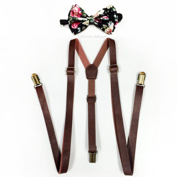 Braune Leder Hosenträger mit Schwarz Floral Fliege Set