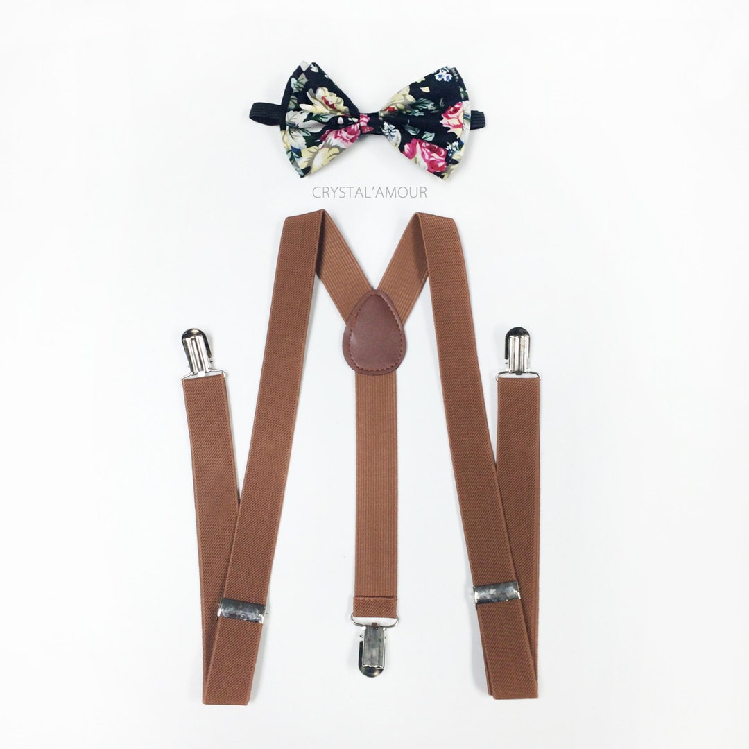 Floral Bowtie Set, Brown Suspenders, Bowtie and Suspenders, Black