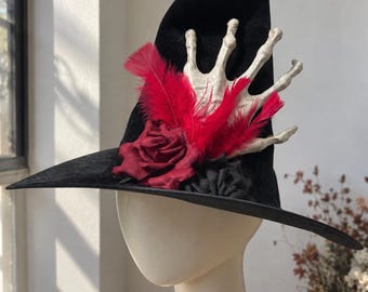 Black Red Velvet Witch Hand Hat, Halloween Costume Witch Hat Headpiece Headdress, Feather and Roses